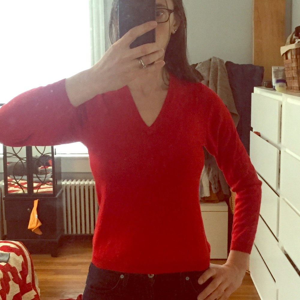 Red Merino Wool V neck Sweater